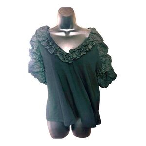 Andrew Marc NY black v-neck ruffle puffy neckline exaggerated sleeve top shirt